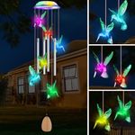 Qoosea Solar Wind Chime with 4 Aluminum Tubes Hummingbird Solar Wind Chimes Outdoor Waterproof Wind Chimes for Home Garden Decor 7-Color Changing(Hummingbird)