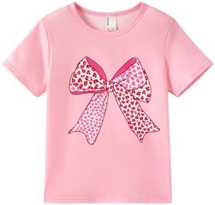 PATPAT Girls T Shirts Size 11-12 Years, Leopard Bow Print Graphic Tees Crew Neck Short Sleeve Shirts Summer Clothes Little Sister Outfit Cheer Tops