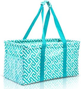 Lucazzi Extra Large Utility Tote Bag - Oversized Collapsible Reusable Wire Frame Rectangular Canvas Basket With Two Exterior Pockets For Beach, Pool, Laundry, Car Trunk, Storage - Geometric Teal