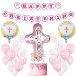 Pink Christening Decorations for Girls with Happy Christening Banner , Cake Topper, Cross Foil Balloons, First Holy Communion Confirmation Decor, Christening Day Baby Shower Baptism Party Supplies