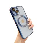 Threehundred for iPhone 14 Plus Case Magnetic Clear with Camera Lens Protector MagSafe Electroplated Silicone Dust-Proof Net Shockproof Protective Case Cover 6.7 Inch - Blue