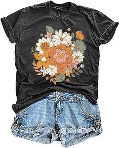 Women's Vintage Floral T Shirt Boho Wildflower Graphic Loose Tees Short Sleeve Casual Tops, A1-dark Grey2, Small