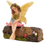 PRETMANNS Fairy Garden Fairies Accessories – Outdoor Fairy Figurine for a Miniature Garden – Sitting Fairy with a Blue Bird on a Flower Decorated Resin Tree Stump – Fairy Garden Supplies – 2 Pieces