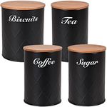 HOCHSTE Kitchen Canister Sets Black Tea Coffee Sugar Canisters with Large Biscuit Tin Airtight Bamboo Lid - Set of 4 Round Jars 13cm High