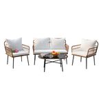 Homsido 4PC Patio Furniture Conversation Set Boho Style,Outdoor Wicker Chairs with White Washable Cushions and Glass Coffee Table Balcony Chairs,Loveseat&Single Chairs