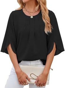 Mansy Womens Tops Dressy Casual Pleated Scoop Neck 3/4 Sleeve Summer Shirts Office Work Chiffon Blouses, Black, Medium