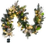 6 FT Pre-lit Christmas Garland with 20 LED Lights, Luxury Gold Xmas Garlands with Ribbon, Ball Ornaments, Pine Cones, Star, Battery Operated Winter Garland for Fireplace Mantel Stairs Table Decor