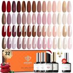 Modelones 32Pcs Gel Nail Polish Set, 28 Colors Nude Brown Gel Polish with Glossy& Matte Gel Top Coat No Wipe Base Coat Nail Primer Kit Glitter Red Pink Colors Nail Gel Polish Gifts for Women DIY Home