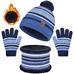 heekpek Winter Beanie Hat Scarf Gloves Set 3 in 1 Thermal Knitted Pompom Stripe Snood Scarf Gloves Set with Double Layer Fleece Lining for Kids Boys Girls 2-7 Year Old(Blue)