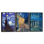 Wieco Art Black Framed 3 Panels Canvas Prints of Vincent Van Gogh Paintings Reproduction Starry Night Over the Rhone Cafe Terrace at Night Canvas Wall Art for Home Office Decor