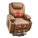 JUMMICO Power Lift Recliner Chair with Heat and Massage for Elderly PU Leather Modern Reclining Sofa Chair with Cup Holders, Remote Control, Adjustable Furniture (Faux Leather, Light Brown)