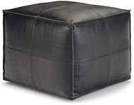 SIMPLIHOME Bowen Square Pouf, Footstool, Upholstered in Black Leather, for the Living Room, Bedroom and Kids Room, Boho