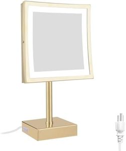 DOWRY Tabletop LED Lighted 5X Magnifying Makeup Mirror Square with Plug 8 Inch Polished Gold Finished