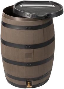 RTS Home Accents Premium 55-Gallon Rain Barrel with Removable Lid, Flat Back Rain Water Collection Barrel, Woodgrain with Black Stripes