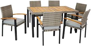 Sunnydaze Carlow 7-Piece Rattan and Acacia Outdoor Dining Set - 1 Table and 6 Chairs with Seat Cushions - Stone Gray