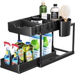 HEMOVIA Under Sink Organizer,Sliding Under Bathroom Automobiles Cabinet Storage Drawer Organizer Hanging Cup,Dividers,Handles,Multi-Purpose Under Sink Shelf Organizer,Black,Plastic,Sliding Shelf