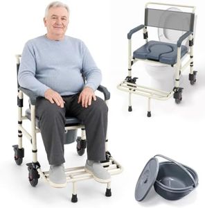 Bedside Commode Toilet with 4 Lockable Wheels, Shower Commode Wheelchair with Folding Footrest, Shower Chair with Arms, Backrest and Seat, 6L Removable Bucket, 350 LBS Capacity, Adjustable Height