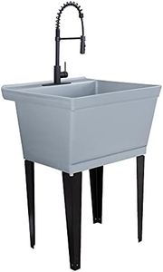 Utility Sink Extra-Deep Laundry Tub in Grey with High-Arc Coil Pull-Down Sprayer Faucet in Matte Black, Integrated Supply Lines, P-Trap Kit, Heavy Duty Floor Mounted Freestanding Wash Station