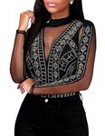 ADEWEL Women's Sexy Rhinestone Sheer Mesh Long Sleeves Bodysuit Jumpsuits Tops (S, Black-14)