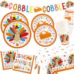 Turkey Thanksgiving Party Supplies Kit - Includes Autumn-Themed Disposable Dinnerware: Dinner & Dessert Plates, Napkins, Cups, Banner and Tablecloth for Thanksgiving Party Decorations, Serves 25