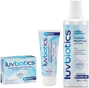 Luv Biotics Daily Oral Care Trio with Probiotics and Xylitol - Mint Lozenge + Original Toothpaste + Mouthwash. Free from Alcohol, Parabens, SLS, Artificial Flavours/Sweeteners/Colours