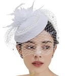 Women Elegant Fascinator Hat Flower Feather Mesh Net Veil Headband Bridal Feather Hair Clip Pillbox Cocktail Tea Party Church Hat Flower Mesh Net Veil Wedding Race Hairpin Bowler Hat White