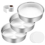 8 Inch Cake Pan Set of 3, E-Far Stainless Steel Round Layer Cake Baking Pans with Parchment Rounds & Side Liner Roll, Non-Toxic & Healthy Metal Cake Tin, Straight Side & Dishwasher Safe