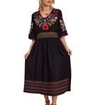 Higustar Mexican Embroidered Dresses for Women Boho Peasant Traditional Fiesta Bohemian Floral Long Dress, Black-13, Large