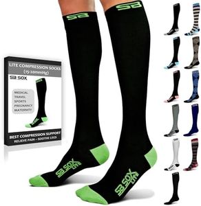SB SOX Lite Compression Socks for Men & Women (15-20mmHg) – Best Compression Socks for Travel, Sports, and Daily Wear - XXL Sizes too! (Black/Green, S/M)