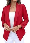 GRECERELLE Womens Blazer Suit Open Front Cardigan 3/4 Ruched Sleeve Casual Work Office Cropped Blazer Jacket for Ladies Red-14