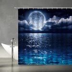 AMFD Full Moon Over The Sea Shower Curtain Ocean Clouds Planet Star Sky Night Scene Black Purple Blue Bathroom Curtains Decor Polyester Fabric Include