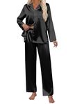 Ekouaer Pajamas for Women Set Silk Pjs 2 Piece Satin Sleepwear Long Sleeve Button Down Lounge Sets with Pant Black S