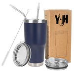 Y·J&H 30oz (850ml) Travel Tumbler Double Wall Vacuum Insulated Coffee Mug Stainless Steel Coffee Cup with 2 Splash Proof Lid, 2 Straws & Free Cleaning Brush, BPA Free - Navy Blue