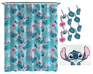 Jay Franco Disney Lilo & Stitch Floral Fun 14 Piece Bathroom Set - Includes Shower Curtain, 12 Hooks, & Non-Slip Bath Rug - Easy Care Fabric (Official Disney Product), Acrylic,Microfiber