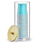 EOFJRUC Bathroom Cup Dispenser, Compact Mouthwash Cup Holder for 3 oz Disposable Paper Cups, Clear Acrylic Small Cup Dispenser with Bamboo Lid for Vanity Countertops