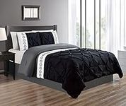 Grand Linen 3 Piece Queen Size Black/Grey/Gray Double-Needle Stitch Puckered Pinch Pleat All-Season Bedding-Down Alternative Embroidered Comforter Set