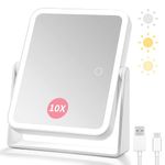 Rechargeable Magnifying Mirror with Lights,1X/10X Double Sided Makeup Mirror-3 Color Light-Smart Touch Screen Dimming-360°Rotation,Portable Desktop LED Magnifying Mirror for Makeup/Travelling