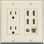 Riteav 15A Power Outlet, 4 HDMI, 1 Cat5e Ethernet, 1 Coax Cable TV Wall Plate - Light Almond