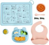 CHILDLIKE BEHAVIOR Silicone Baby Feeding Set of 8 - Baby Plates and Bowls Set - Toddler Self-Feeding Eating Utensils - Baby Led Weaning Supplies - Tableware Set for Toddler - Baby Feeding Essentials