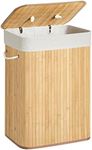 SONGMICS Foldable Laundry Hamper with Lid, 19 Gal. Bamboo Laundry Basket, Rectangular Storage Hamper with 3 Handles, 15.7 x 11.8 x 23.6 Inches, for Laundry Room, Bedroom, Natural ULCB10YV1