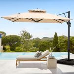 PHI VILLA 3.6x2.7M Garden Cantilever Parasol, Large Rectangular Overhanging Patio Umbrella Heavy Duty, 360°Rotating, Aluminum Frame, Beige