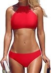 beautyin Women Cross Back High Neck Mid Rise Bikini Set Bathing Suit Two Piece Red