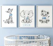 Safari Animals Baby Boys Nursery Bedroom Prints Unframed Set of 3 with Personalised Name, Wall Art Decor Gift Present in Grey Blue Green Yellow, Giraffe Elephant Lion (A4)