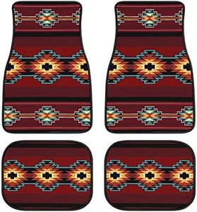 LONSANT Aztec Car Floor Mats Set of 4,Southwest Native American Tribal Aztec Navajo Striped Red Print Vehicle Front Rear Car Floor Carpets Rugs Non-Slip Car Accessories Universal Fit for Car Truck