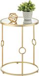 New Mark Impex Round Metal Side/End Table with Decorative Legs, in-Lay Top, Home Decor Accent Furniture for Living Room, Bedroom - Brass/Clear Glass (Golden Mirror)