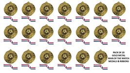 Tro Show Pack of 20 Man of the match football Gold Medal,50mm with red white blue ribbon Free Engraving,