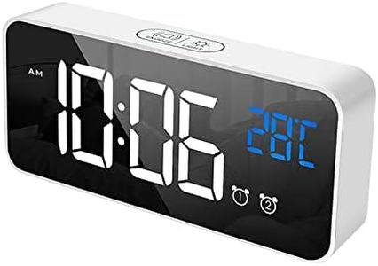 GOMINIMO Digital Dual Alarm Clock with Sound-Activated Mirror Display, Large Digits, LED Temperature, 13 Ringtones, Snooze Mode, Adjustable Brightness, USB Charging, for Bedside and Bedroom (White)
