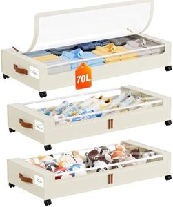 Yecaye 70 L Under Bed Storage with Wheels, 3 Pack Larger Capacity Under Bed Storage Containers, Underbed Shoe Storage Organizer, Rolling Under Bed Metal Drawers for Clothes, Blankets, Beige