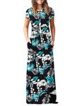 WNEEDU Women's Maxi Dress Summer Short Sleeve Casual Long Dresses with Pockets(Leaf Blue,XL)