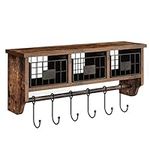 Rolanstar Wall Mounted Shelf with Hooks, Entryway Organizer Shelf with Storage Cabinets, Wall Mount Coat Rack with 6 Hooks, 24” Hanging Coffee Bar Shelf for Living Room Bathroom Kitchen Rustic Brown